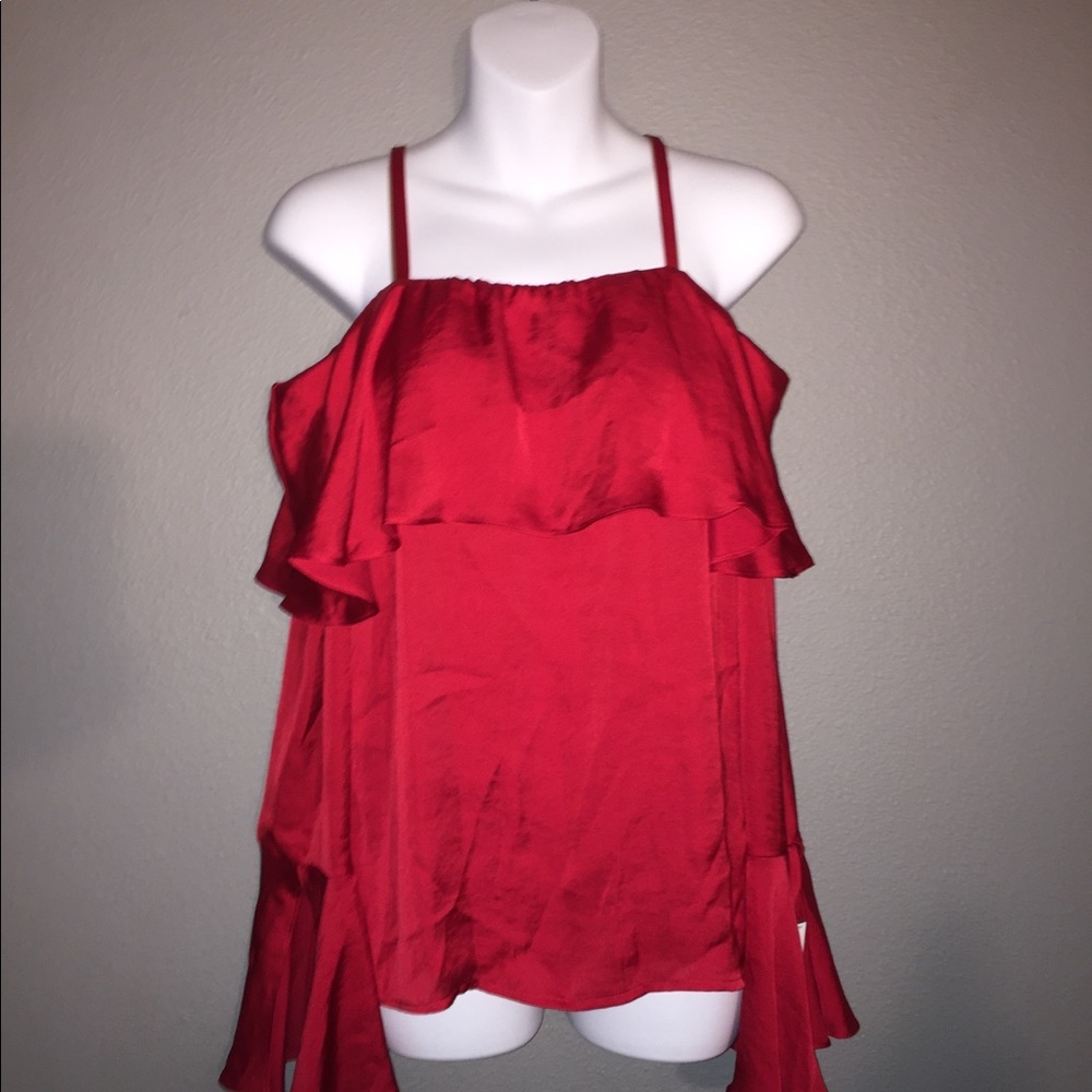 Open Shoulder Red Ruffle Long Sleeve Top - Picture 2 of 8